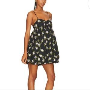 Free‎ People NWT in A Bubble Mini Dress in Black Floral Size L Boho Cottagecore